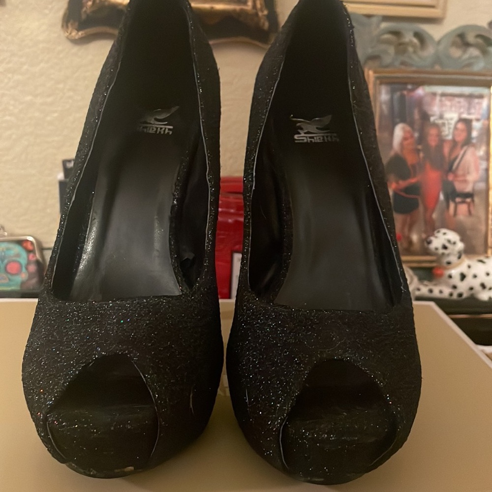 Black / iridescent heels open toe 4” heel size 6 1/2 worn once